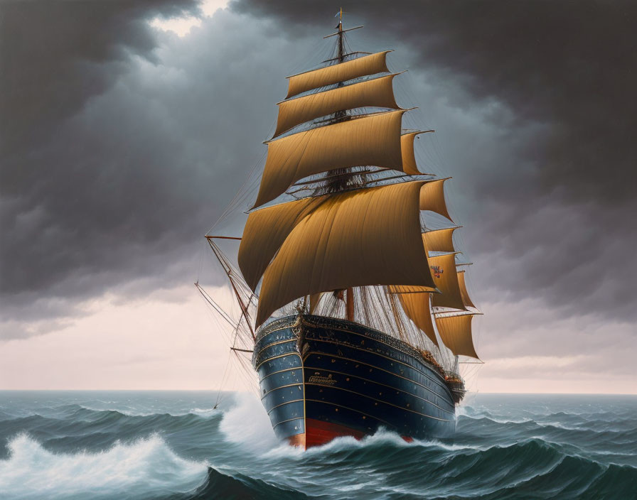 Sailing ship with full sails on stormy sea under cloudy sky