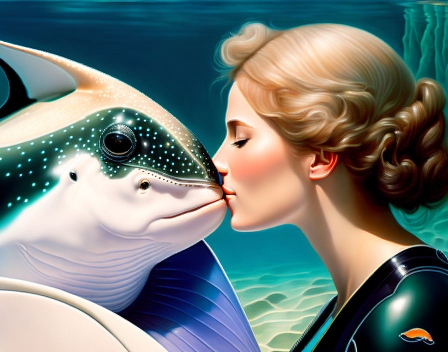 Woman in wetsuit kissing large fish underwater with light ripples