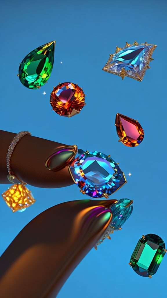 Colorful Gemstones and Jewelry Pieces on Blue Background