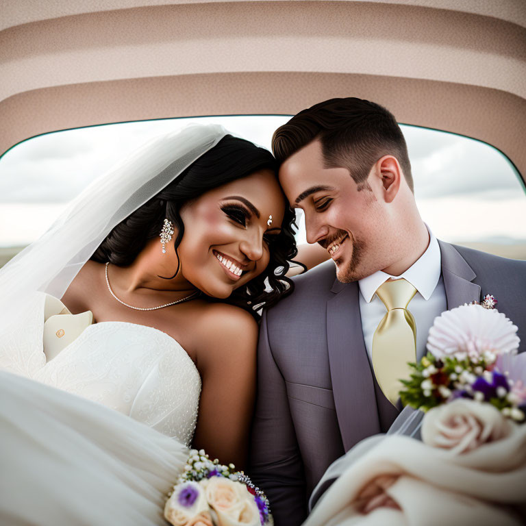 Smiling bride and groom intimate moment in car with bouquet