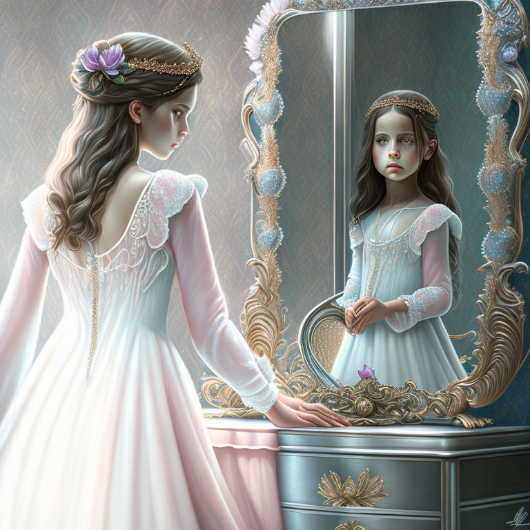 Young girl in vintage pink dress gazes at reflection in ornate mirror