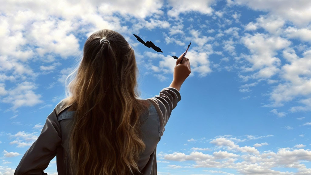 Long-haired person painting black bird silhouette in sky on canvas.