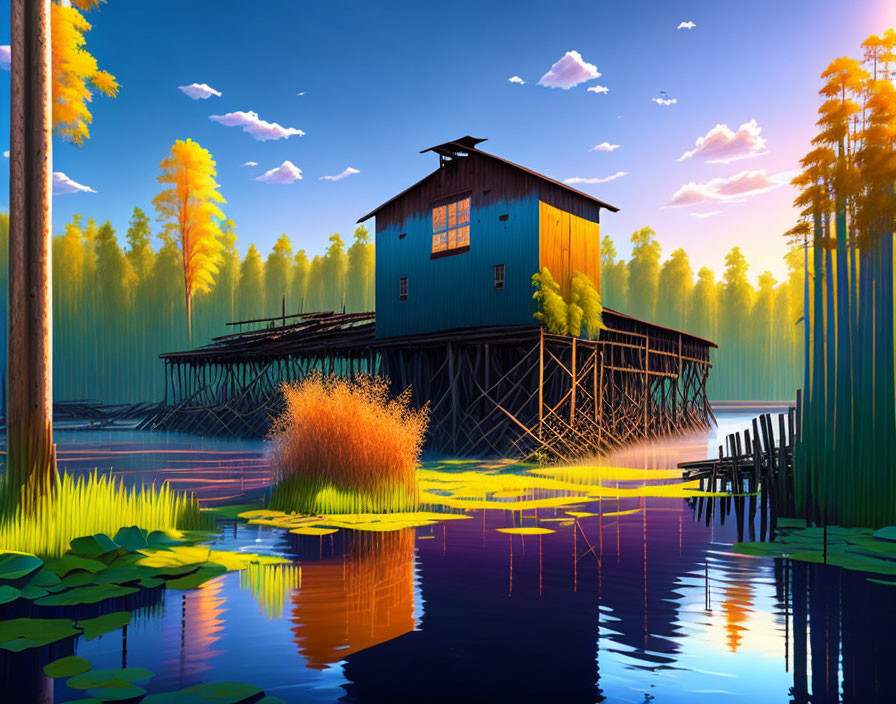 Tranquil lakeside cabin on stilts in a forest at sunset