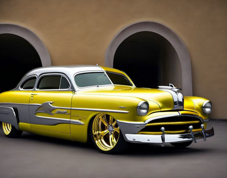 Yellow Classic Car with Chrome Details and Custom Alloy Wheels on Arches Backdrop