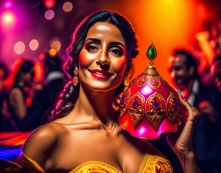 Woman in festive attire holding vibrant lantern amidst blurred crowd - colorful ambiance