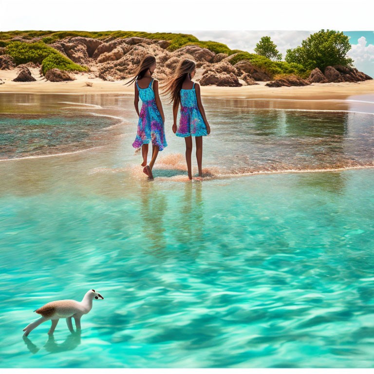 Two girls in colorful dresses walking hand in hand by a beach with a white swan and dunes