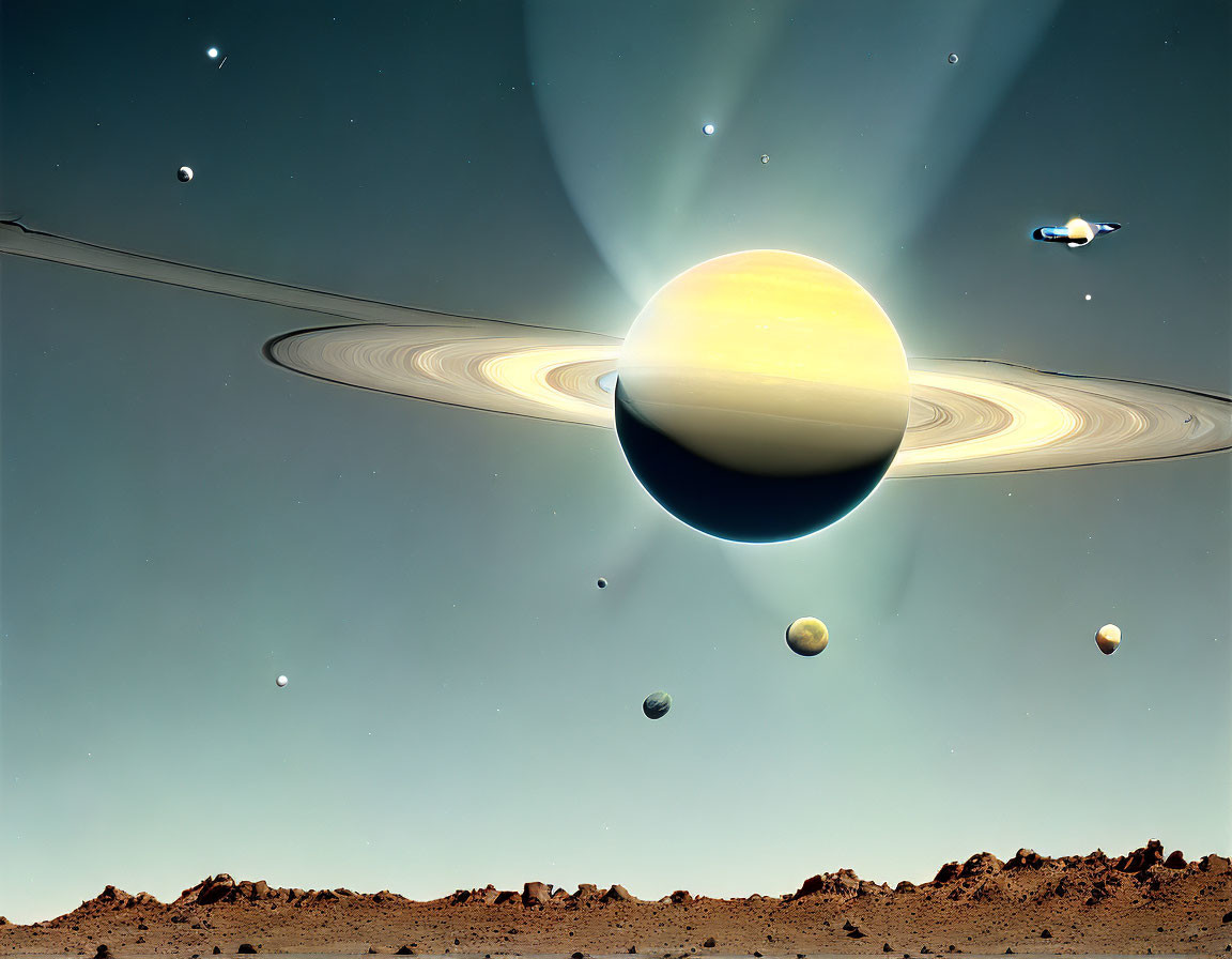 Surreal Saturn space scene with rings, moons, and spaceships