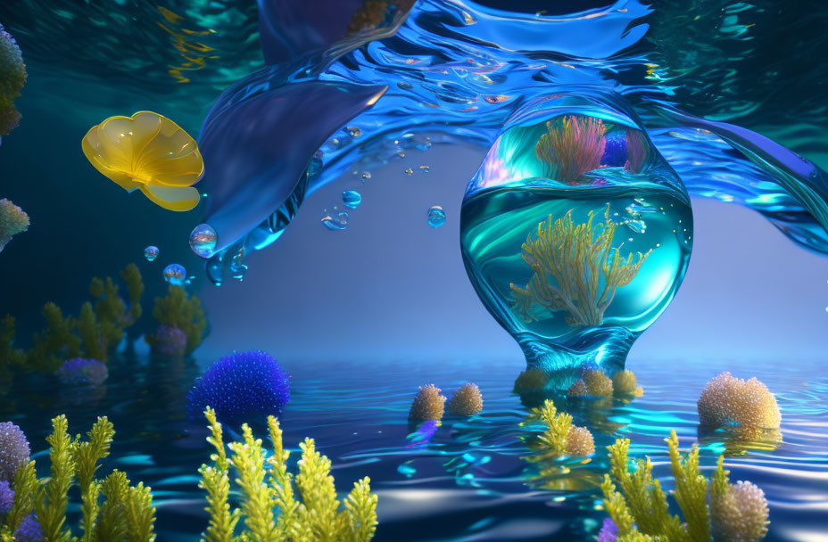 Colorful underwater scene with yellow fish, corals, and floating water bubble.