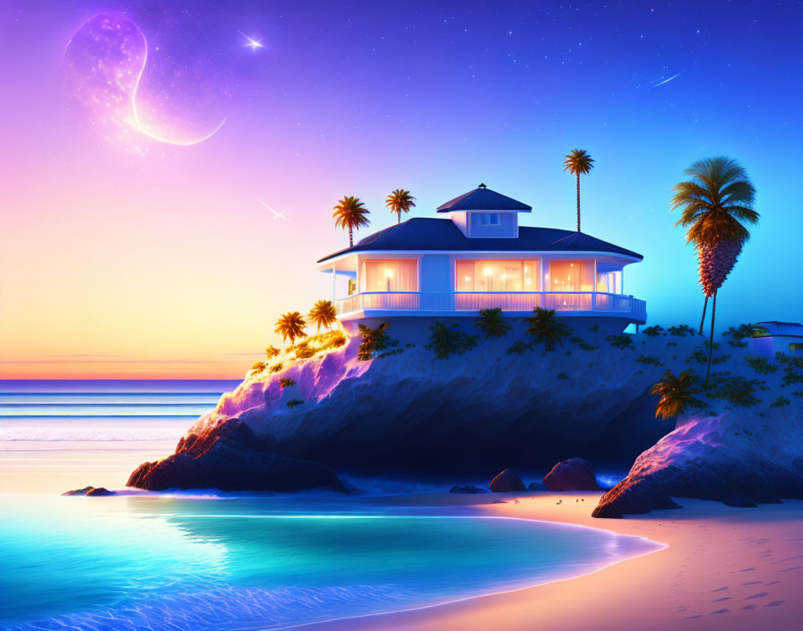 Vibrant night beach scene: house on cliff, lit palm trees, starry sky, cres