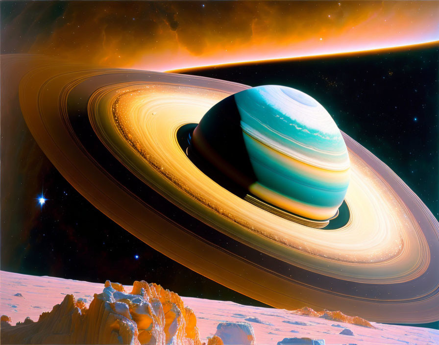 Saturn with rings, nebula, and rocky foreground in space