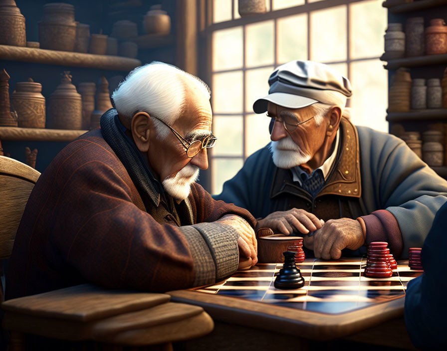 Elderly gentlemen playing checkers in a sunlit room