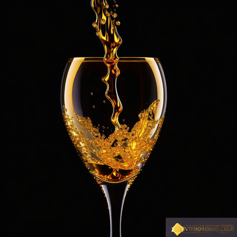 Pouring Golden Liquid into Wine Glass on Dark Background