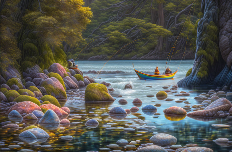 Peaceful river fishing scene with lush trees and colorful pebbles