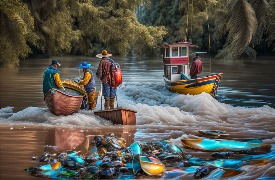 Two individuals on a river dock with a vibrant boat; colorful sunglasses in the foreground.