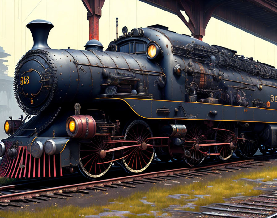 Detailed classic black steam locomotive with red and gold accents