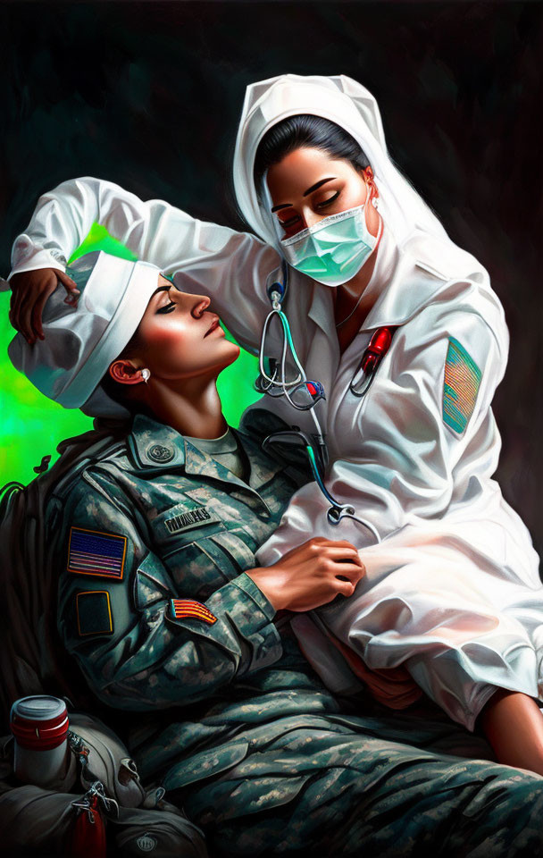 Digital painting: Nurse in white scrubs caring for uniformed soldier in tender scene