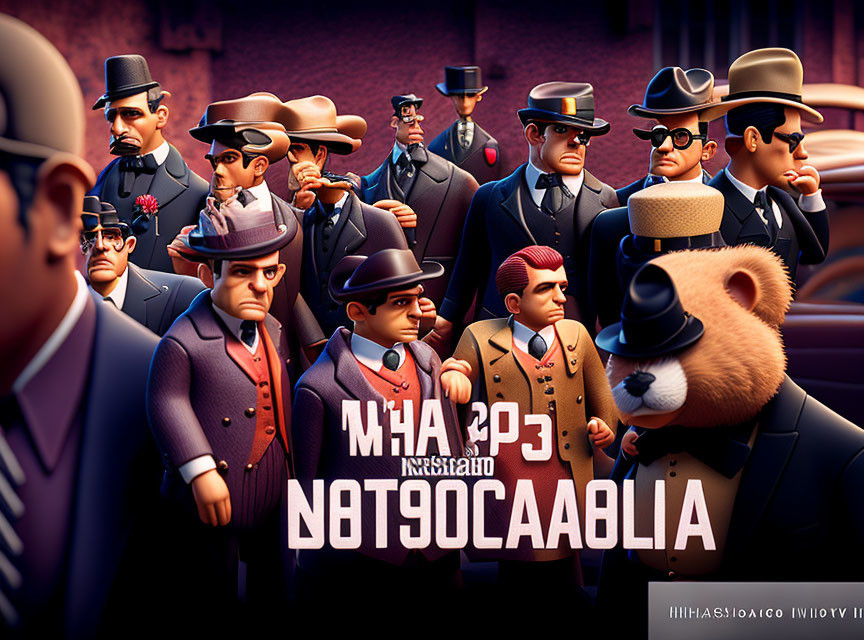 Stylized male characters in vintage suits, hats, and bear in animated crowd.