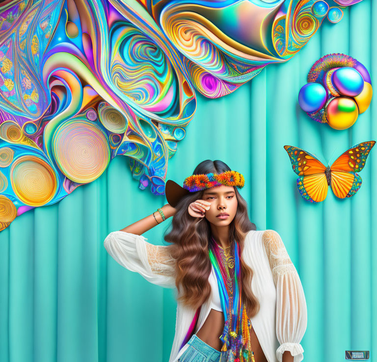 Bohemian woman with floral headband and black hat in front of colorful psychedelic background