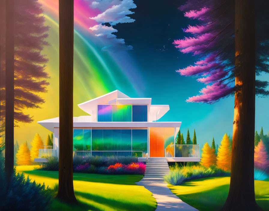 Vibrant modern house illustration in forest with aurora borealis