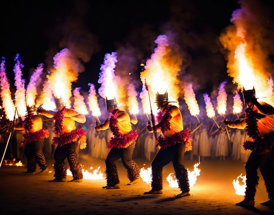 Tribal performers dance with flaming torches in purple smoke