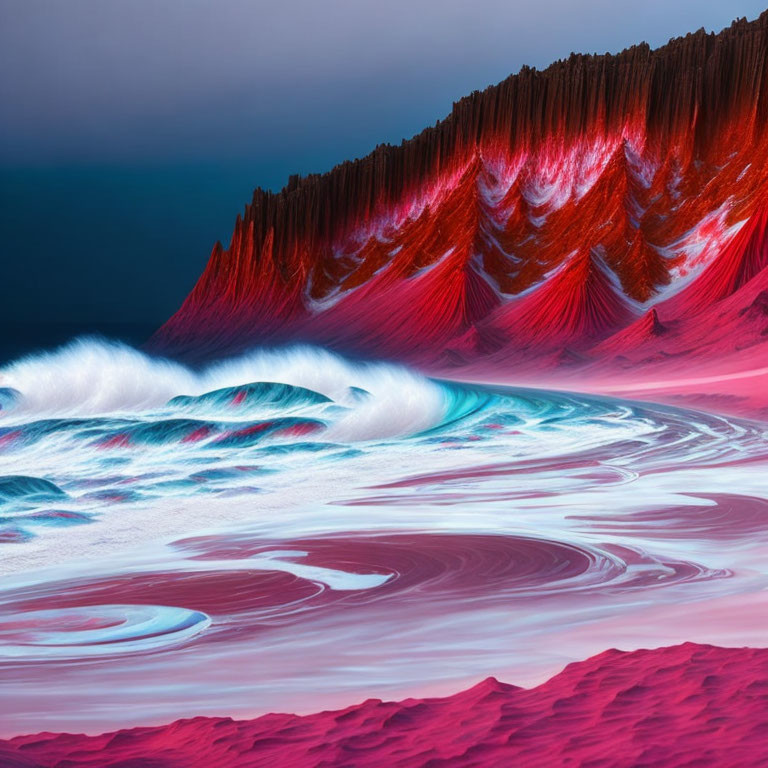 Surreal landscape with swirling pink waves and fiery red mountain