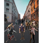 Horde of zombies in decaying city street with dark sky