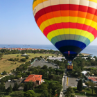 Vibrant hot air balloons soar above suburban neighborhood with green trees and homes