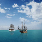 Majestic sailing ships on turbulent teal-blue seas