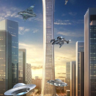 Golden skyscrapers and flying saucers in futuristic cityscape