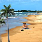 Golden sand beach with boulders, palm trees, and people relaxing under cloudy sky