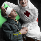 Digital painting: Nurse in white scrubs caring for uniformed soldier in tender scene