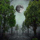 Mystical forest scene at night with large moon over misty woods