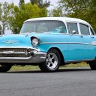 Vintage 1957 Chevrolet Bel Air Coupe in Turquoise and White