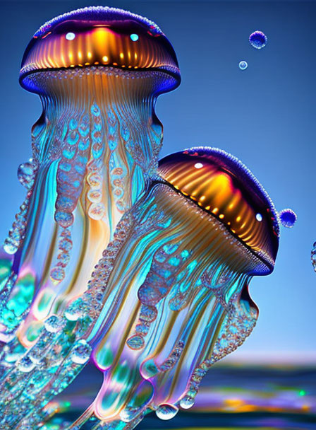 Iridescent jellyfish with tentacles in blue underwater scene