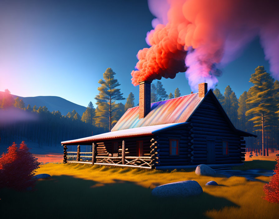 Colorful Roof Log Cabin in Forest Landscape at Sunrise or Sunset