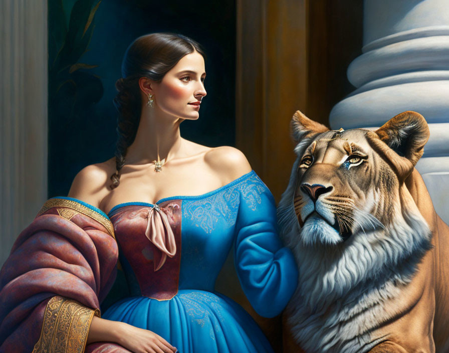 Woman in Blue Gown Sitting with Majestic Lion in Regal Pose