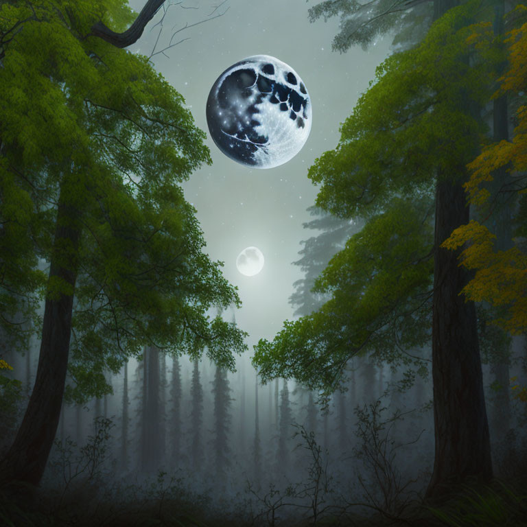 Mystical forest scene at night with large moon over misty woods