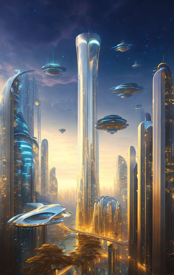 Golden skyscrapers and flying saucers in futuristic cityscape