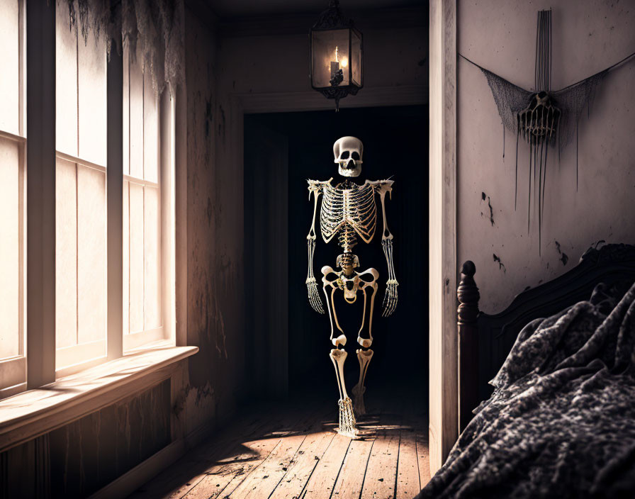 Eerie human skeleton in dimly lit room with bed