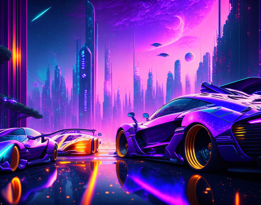 Neon-lit futuristic cityscape with sleek skyscrapers and advanced cars