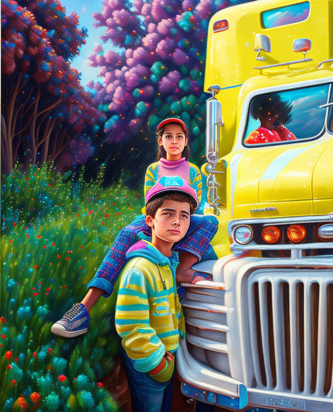 Kids near yellow school bus in rural setting with colorful trees