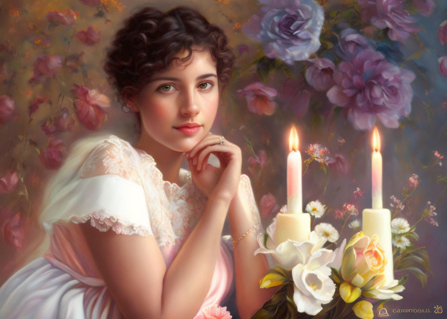 Serene woman portrait with candles and flowers