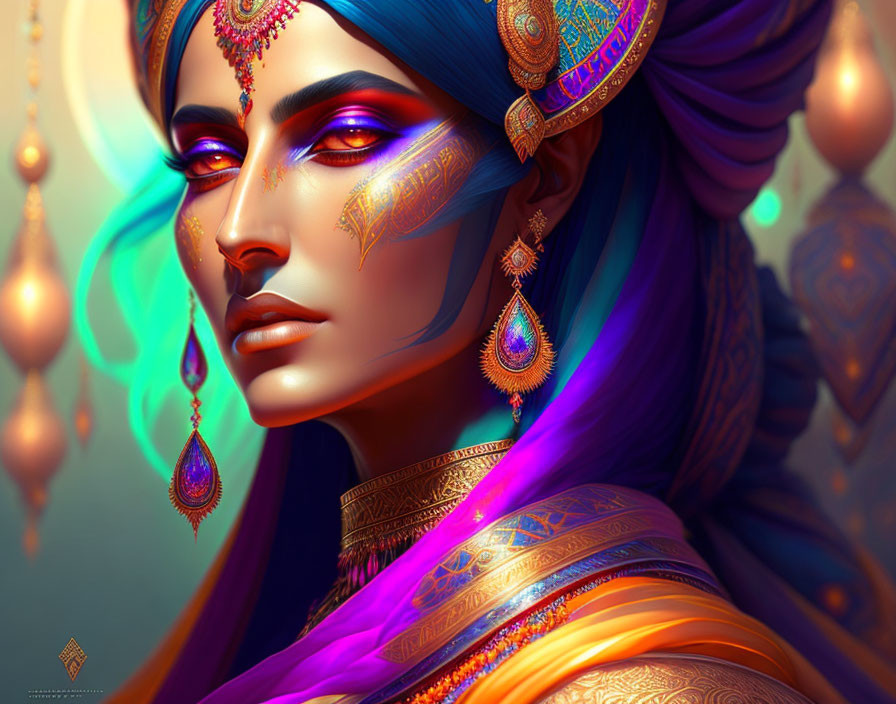 Vibrant blue-skinned woman in ornate gold accessories & colorful attire