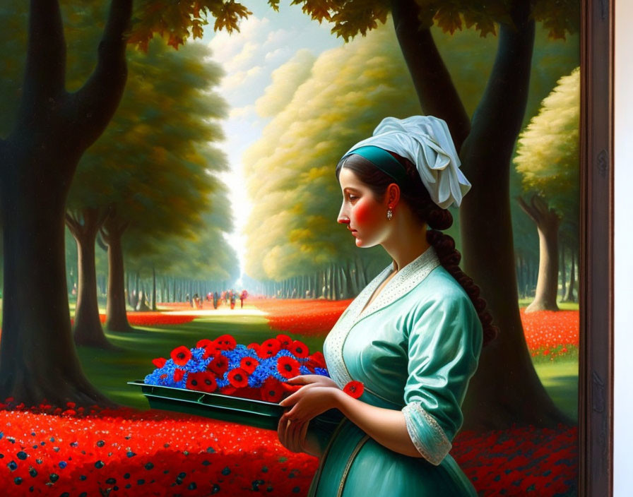 Woman in vintage green dress with blue flowers in a poppy field.