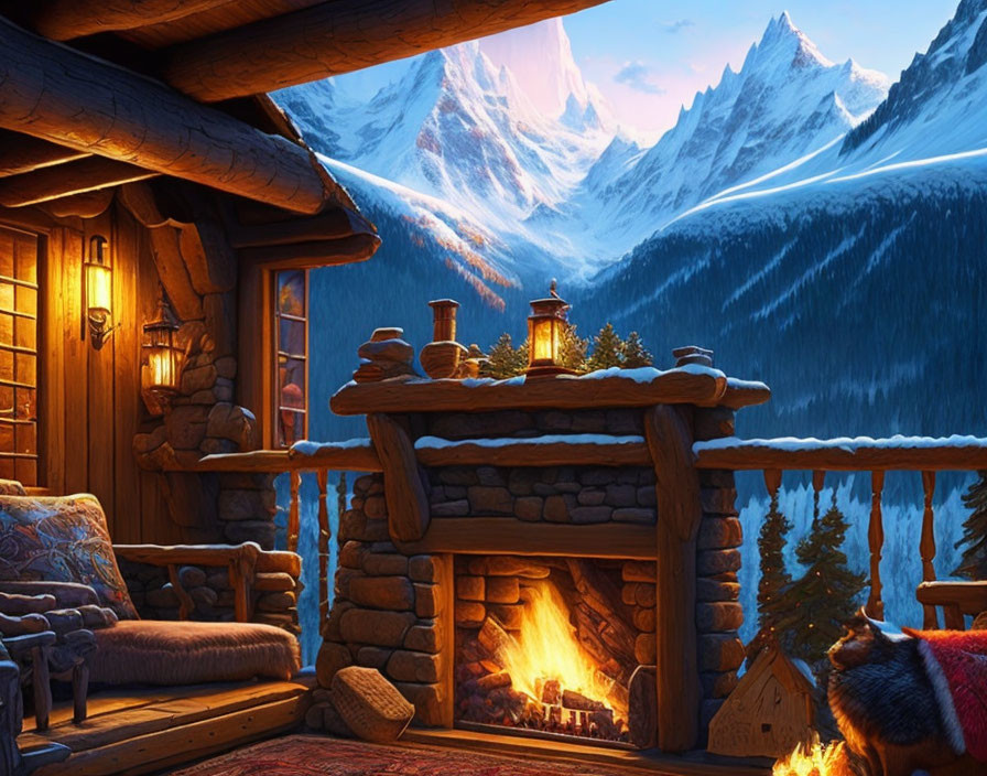 Mountain cabin with fireplace and snow-capped peaks at twilight