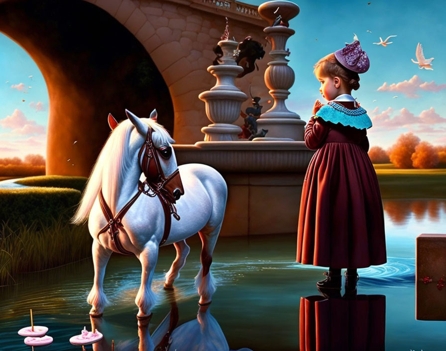 Child in vintage dress on pedestal by river with white horse, surreal backdrop.