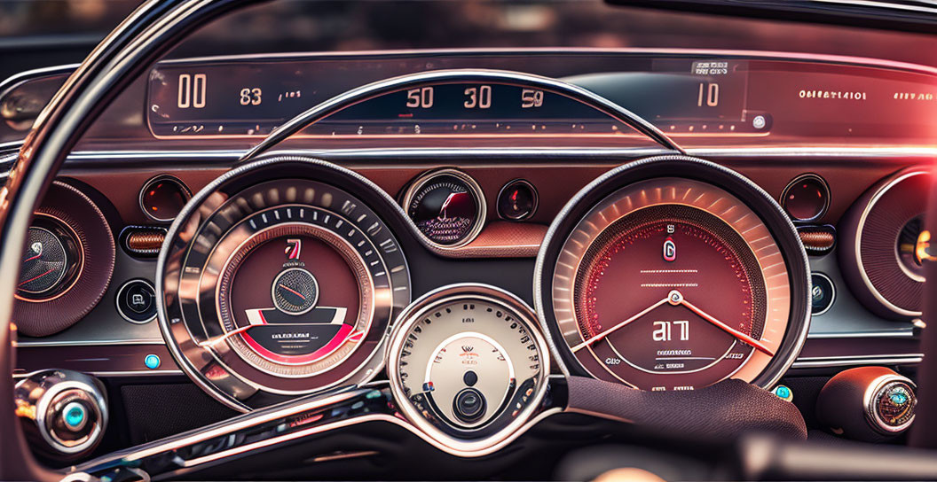 Detailed Car Dashboard with Circular Gauges & Digital Displays