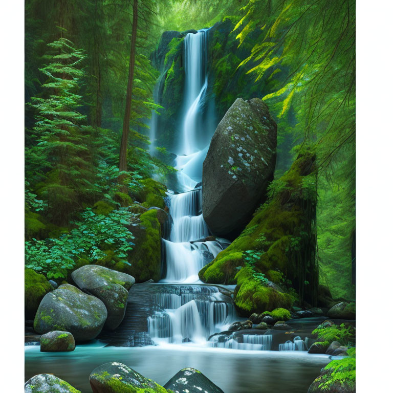 Tranquil waterfall in lush green forest