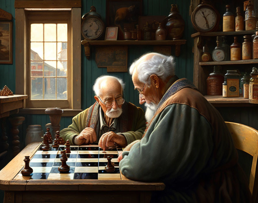 Elderly men playing chess in cozy, sunlit room