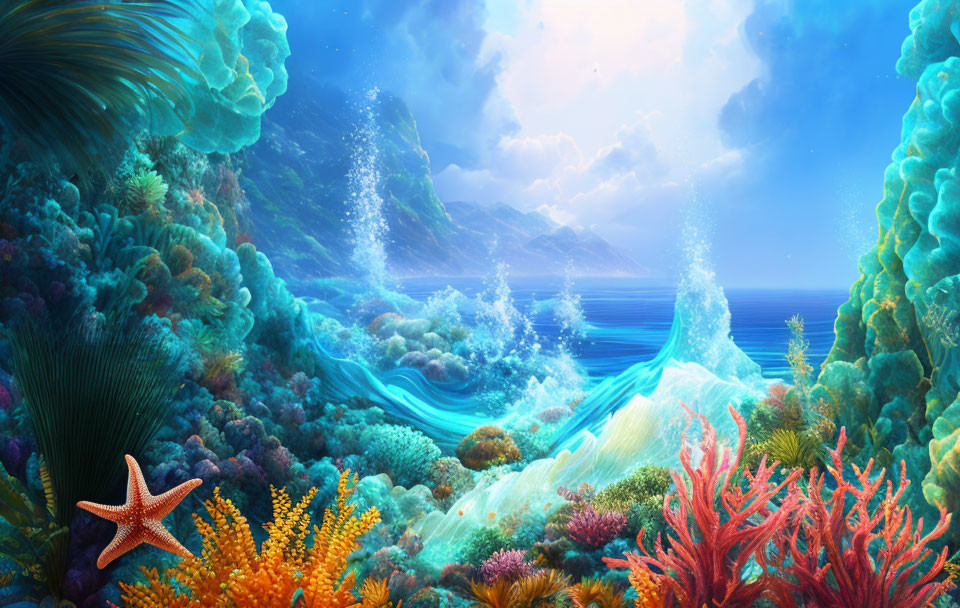 Colorful Coral Reef with Starfish in Clear Blue Water